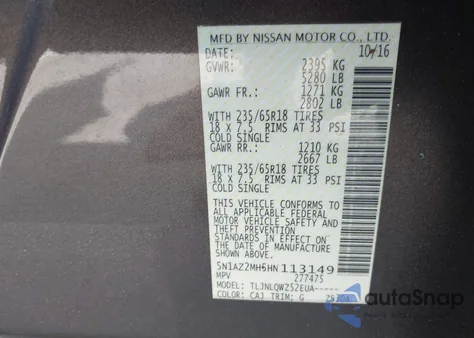 2017 Nissan Murano Sv from USA, damaged, VIN 5N1AZ2MH5HN113149